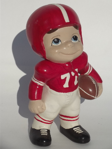 Retro big eyed kids ceramic figures football hero and cheerleader girl