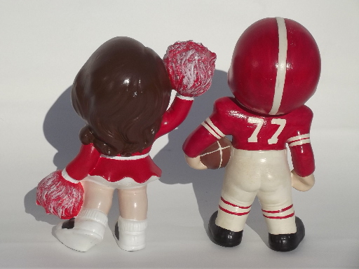 Retro big eyed kids ceramic figures football hero and cheerleader girl