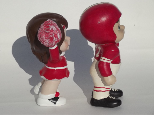 Retro big eyed kids ceramic figures football hero and cheerleader girl