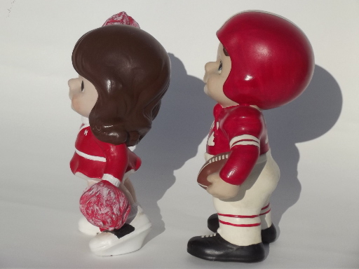 Retro big eyed kids ceramic figures football hero and cheerleader girl