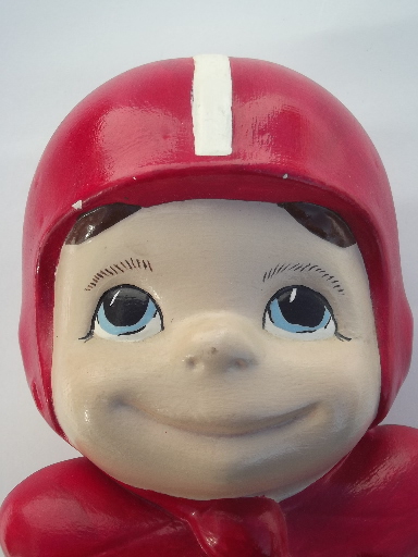 Retro big eyed kids ceramic figures football hero and cheerleader girl