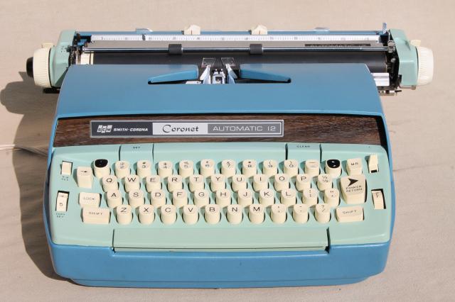 retro blue typewriter for photo prop/repair, Smith Corona Coronet 12 Automatic 