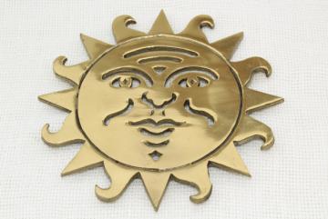 retro bohemian hippie sun polished brass wall plaque hanging trivet, 80s vintage