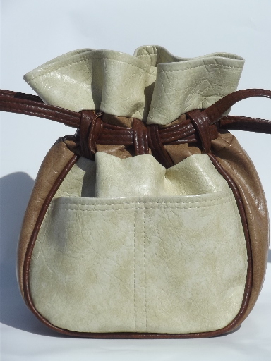 Retro boho drawstring pouch handbag, 70s vintage purse in brown & cream