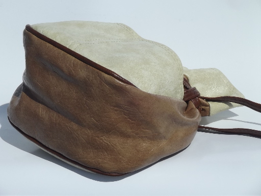 Retro boho drawstring pouch handbag, 70s vintage purse in brown & cream