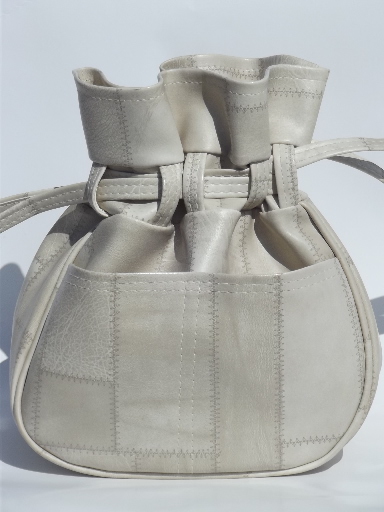 Retro boho drawstring pouch handbag, 70s vintage purse natural patchwork