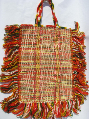 Retro boho hippie vintage fringed woven yarn crochet shopping bag tote
