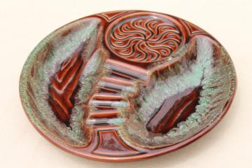 retro brown drip glaze ceramic big round ashtray, vintage USA pottery
