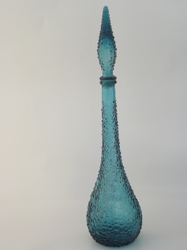 Retro bubble glass bottle, tall mod 60s art glass decanter, aqua blue glass