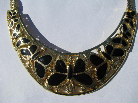 Retro butterflies, 70s vintage choker collar necklace, mod gold tone & black
