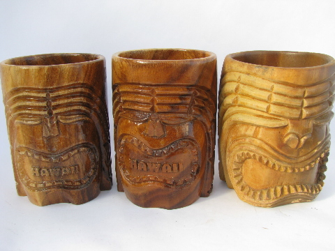 Retro carved wood tiki cups, Hawaiian or South Pacific wooden masks