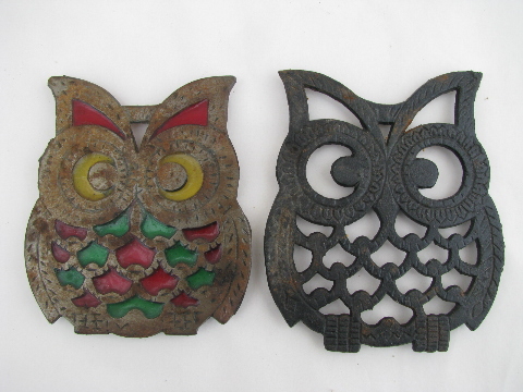 Retro cast iron kitchen trivets wall plaques, 70s vintage lot, all owls!