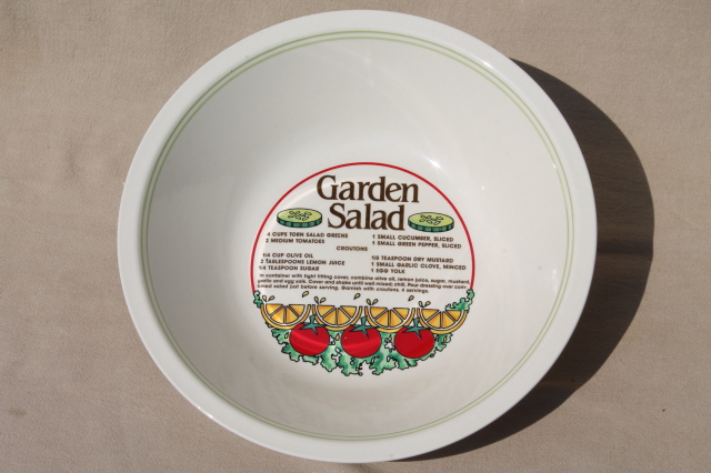 Retro ceramic salad bowl w/ printed recipe for Garden Salad & vinaigrette dressing