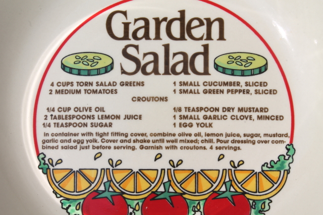 Retro ceramic salad bowl w/ printed recipe for Garden Salad & vinaigrette dressing
