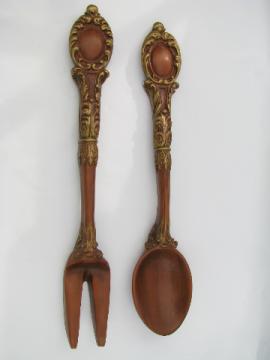 Retro chalkware kitchen wall plaques, giant fork & spoon!