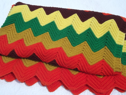 Retro chevron stripes  crochet afghan blanket, vintage harvest colors