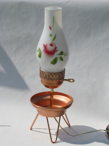 Retro copper tripod table lamp, vintage painted glass shade
