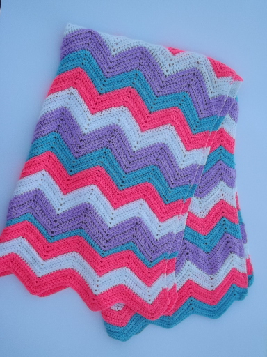 Retro crochet afghan blanket, chevron stripes neon pink, blue, lavender