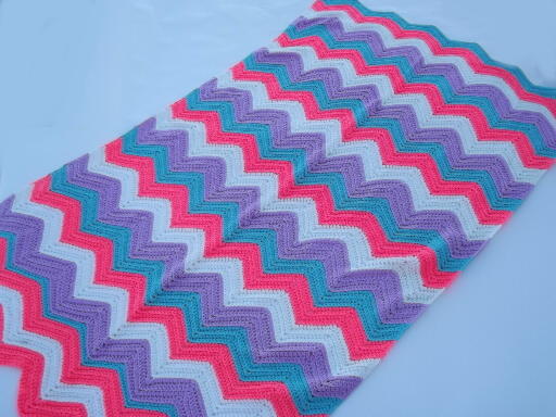 Retro crochet afghan blanket, chevron stripes neon pink, blue, lavender