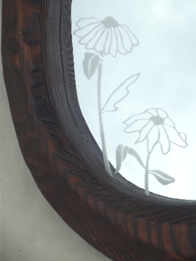 Retro daisies print glass mirror in rustic log wood frame, 70s vintage