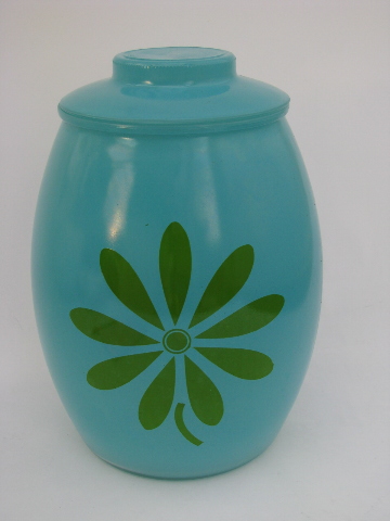 Retro daisy flower glass cookie jar kitchen canister, aqua w/ green