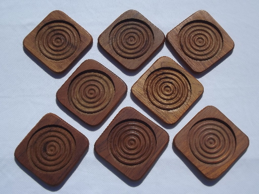 Retro danish modern Dolphin teak wood coasters, mod circles coaster set