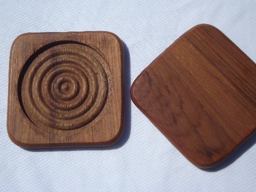 Retro danish modern Dolphin teak wood coasters, mod circles coaster set