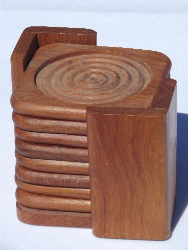 Retro danish modern Dolphin teak wood coasters, mod circles coaster set