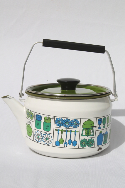 Retro enamelware tea kettle, 60s 70s vintage tea kettle w/ mod kitchen print design
