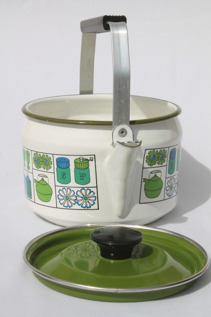 Retro enamelware tea kettle, 60s 70s vintage tea kettle w/ mod kitchen print design
