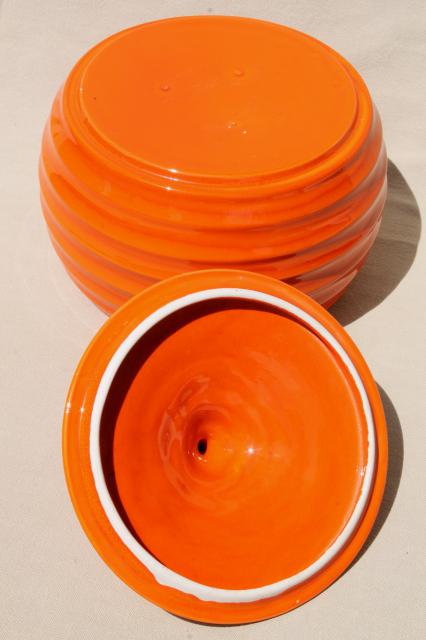 retro fiesta orange vintage handmade ceramic cookie jar, ring ware beehive shape canister