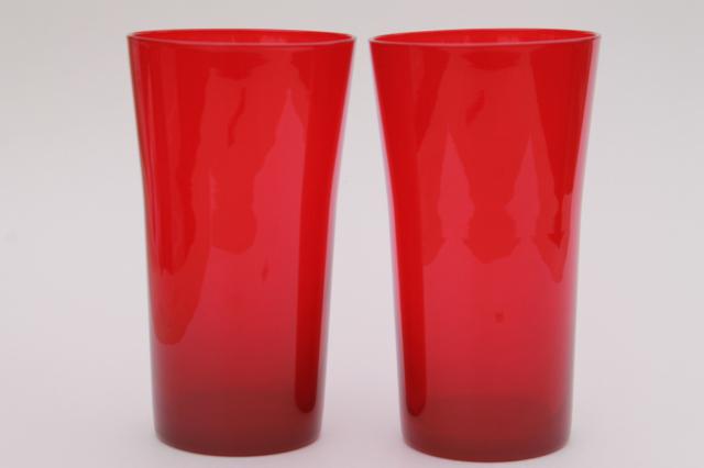 retro flame red hand blown glass tumbler vases, mod vintage art glass