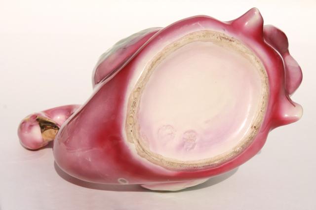retro flamingo pink ceramic swan bowl, mid-century mod pottery planter