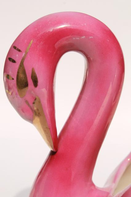 retro flamingo pink ceramic swan bowl, mid-century mod pottery planter