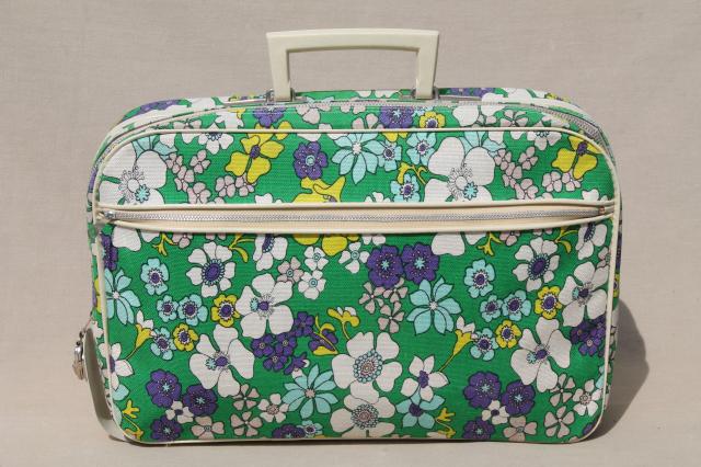 retro flower power print fabric suitcase, 70s vintage soft sided bag locking briefcase