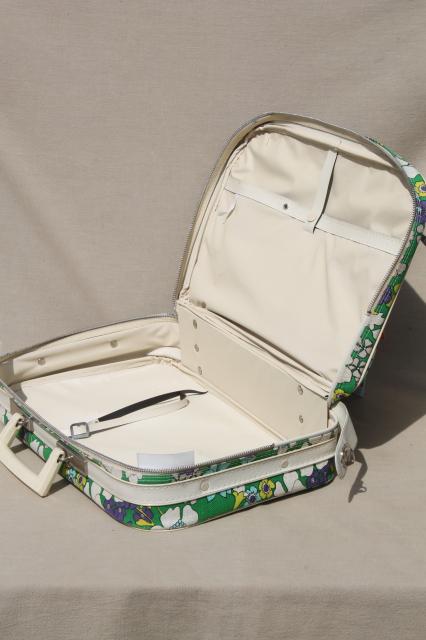 retro flower power print fabric suitcase, 70s vintage soft sided bag locking briefcase