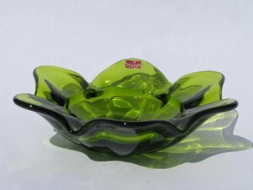 Retro flower shape, vintage leaf green art glass bowl, original Viking label