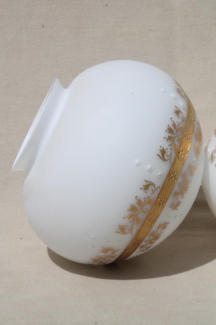 retro frosted glass mushroom globe shades, vintage glass lampshades white w/ gold