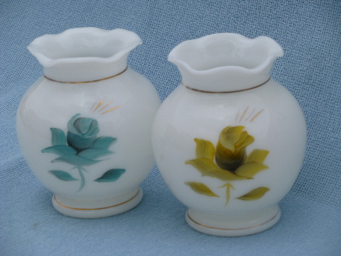 Retro gold & aqua roses pair of 60s vintage painted milk glass vases