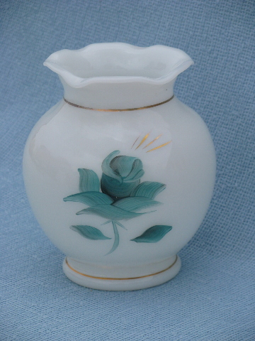 Retro gold & aqua roses pair of 60s vintage painted milk glass vases