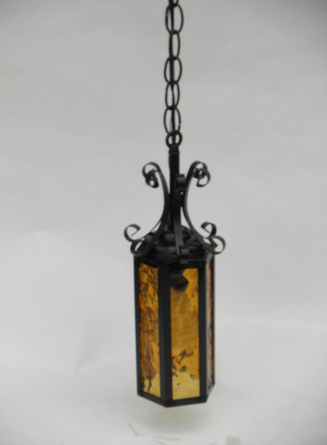Retro gothic lighting, iron&amber glass hanging lantern light, 60s vintage