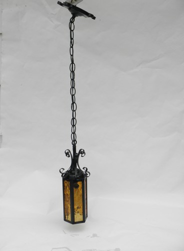 Retro gothic lighting, iron&amber glass hanging lantern light, 60s vintage