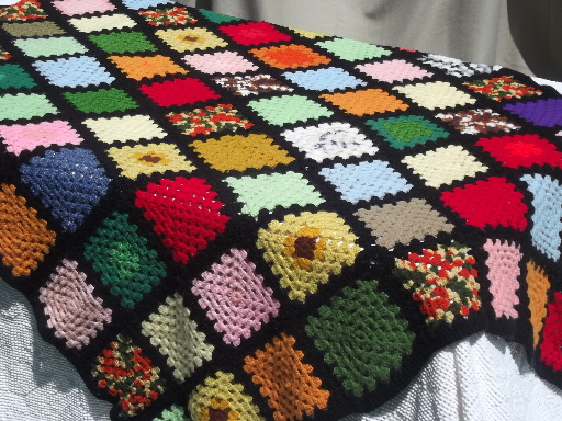 Retro granny squares crochet afghan, black & bright patchwork blanket