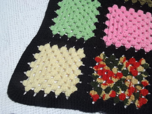 Retro granny squares crochet afghan, black & bright patchwork blanket