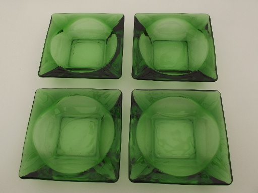 Retro green glass ashtrays lot, assorted vintage square glass ash trays