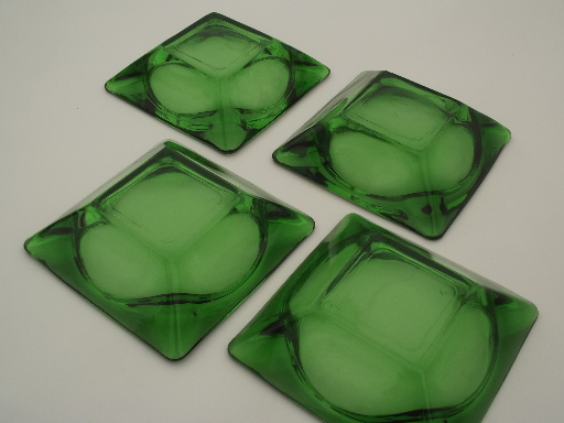 Retro green glass ashtrays lot, assorted vintage square glass ash trays
