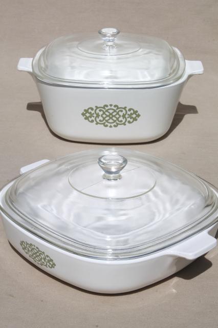 retro green medallion Corning Ware casserole lot baking dishes, pans w/ clear glass lids