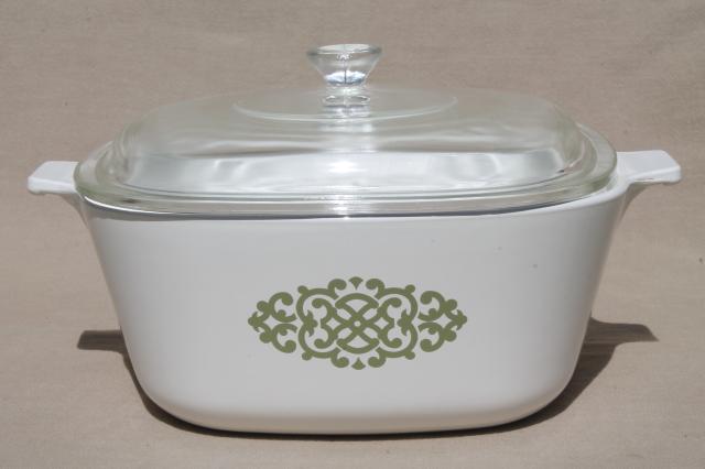 retro green medallion Corning Ware casserole lot baking dishes, pans w/ clear glass lids