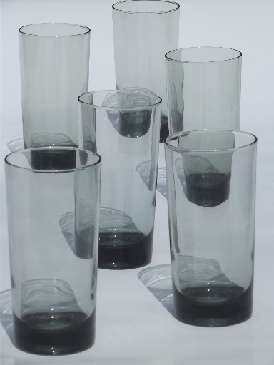 Retro grey smoke glass tumblers, tall bar glasses vintage  smoked glass