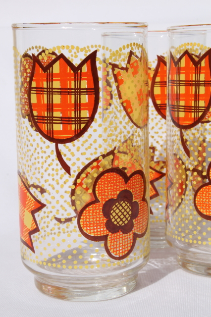 Retro hippie patchwork print drinking glasses, set of 8 vintage Libbey glass tumblers